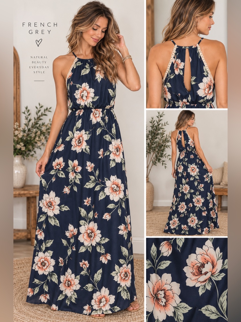French Grey Navy Floral Halter Maxi Dress with Peach Blooms